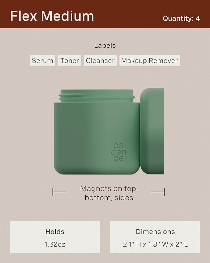 Cadence Travel Containers - Full Skincare Set - Magnetic Travel Capsules - 2 Small (0.56oz), 4 Medium Capsules (1.32oz), & Extender (1.43oz) with Multiple Labels for Better Organization - Petal