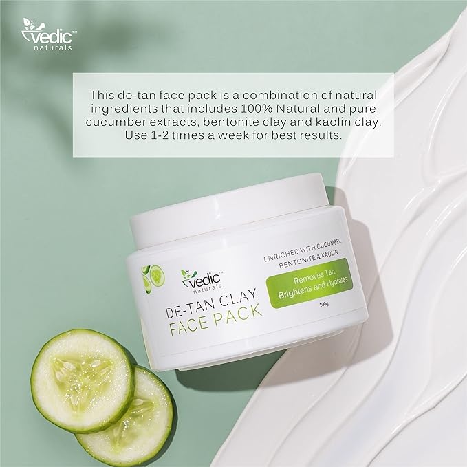 De Tan Face Pack-100g | Enriched With Cucumber Extract, Bentonite Clay & Kaolin Clay | Removes Tan, Skin Brightening & Hydrates | 100% Organic