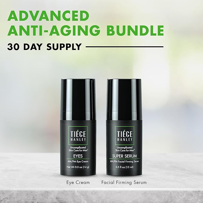 Tiege Hanley Eye Cream & Face Serum Set, Advanced Anti-Aging Bundle - Dark Circle & Under Eye Cream for Puffiness & Bags - Firms, Plumps, Hydrates, & Repairs Skin - Eye Wrinkle Cream for Men