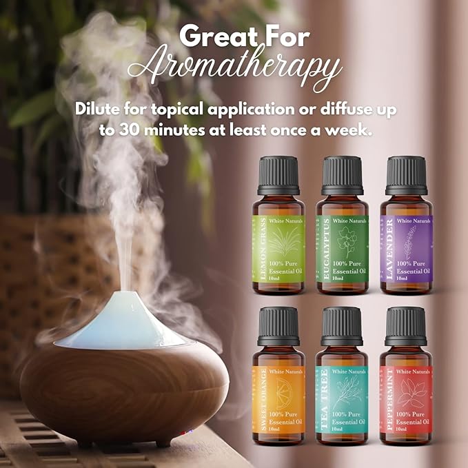 Essential Oils of 6 kit - Set, 6X10ML Diffuser Fragrance Oils Essential Oil, Sweet Orange, Tee Tree, Peppermint, Lemon Grass, Eucalyptus and Lavender