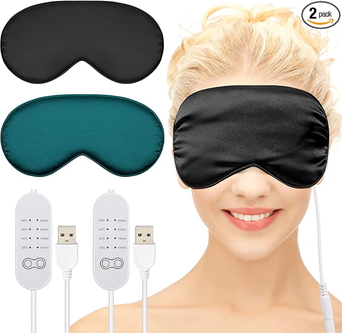 2 Pieces Silk Heated Eye Mask for Dry Eyes USB Steam Warm Compress for Puffy Eyes Adjustable Temp Sleep Eye Mask for Dry Eye, Chalazion, Blepharitis, Stye (Black, Green)