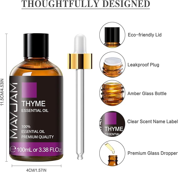 Thyme Essential Oil 3.38FL.OZ - Pure Essential Oils with Glass Dropper - Thyme Oil for Aromatherapy and Diffuser, MAYJAM Essential Oil Singles
