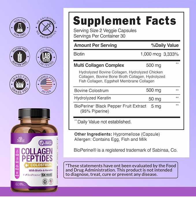 Collagen Peptides for Women with Colostrum, Biotin and Keratin - Type I, II, III, V, X - 5X Higher Absorption - Hair Skin and Nails Vitamins - Collagen for Women - Collagen Pills - 60 Capsules