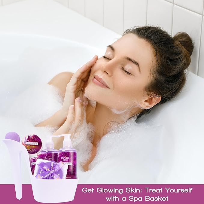 Draizee Mothers Day Gifts for Mom- Spa Gift Baskets for Women, 8 Pcs Luxury Lavender Scented Heel Shoe Design Bath and Body Spa Set, Body Care Set for Her-Self Care Package for Women, Presents for Mom