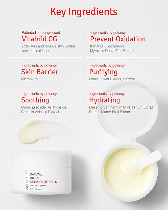 Daily-C Biome Cleansing Balm - Balm to Oil Gentle Makeup Cleanser - Hydrating & Exfoliating Antioxidant Face Cleanser with Vitamin C, Cica, Microbiome - Vibrant and Radiant Complextion, 3.53oz.