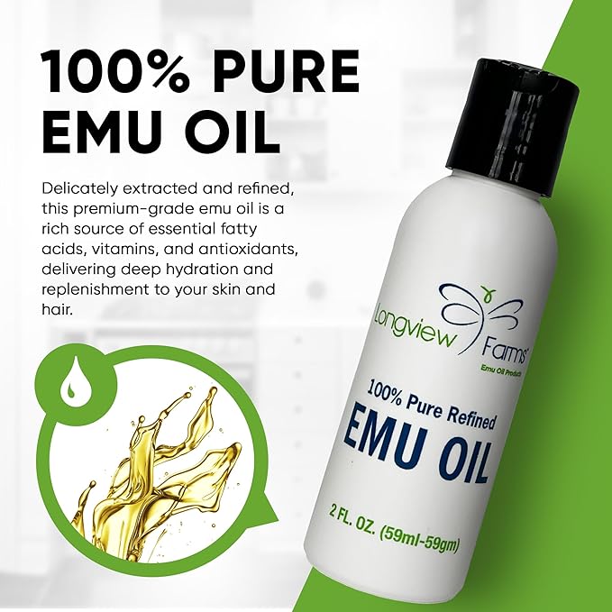 Longview Farms® Emu Oil - Hair and Body - 100% Pure & Refined Emu Oil for Skin & Hair Care | Premium Quality Hydration & Nourishment | 2 Fl. Oz