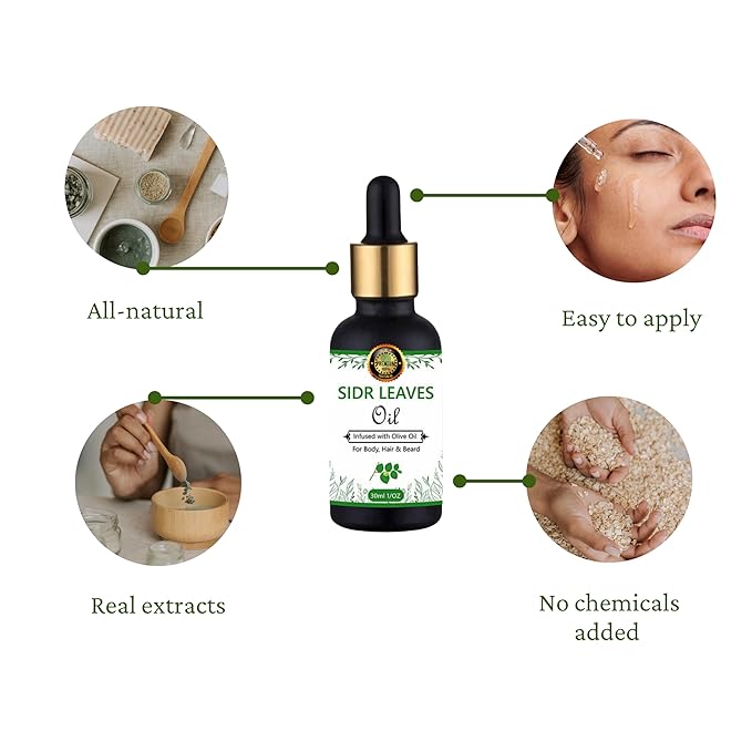 Sidr Leaves Oil -100% Natural Sidr Jujube Leaves, Infused w/Olive Oil- Promotes Healing For Body, Hair & Beard/For Ruqaiya/Skin Care, Dry Scalp, Frizzy, Strengthening- Non-GMO - 30ml