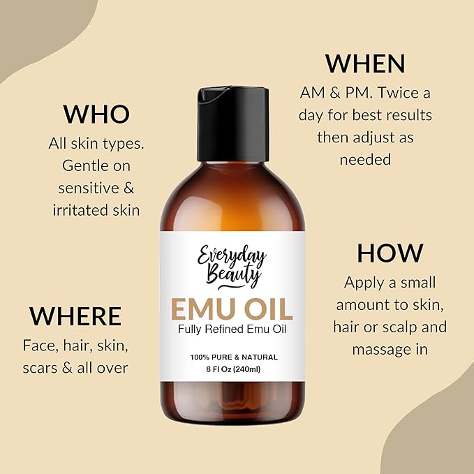 Emu Oil Bulk - 8 Fl Oz Pure & All Natural Refined Australian Emu Oil for Face, Skin and Hair - Great for Sensitive Skin and Hair Growth - For Scars and Piercings - High in Omega 3, 6 and 9 Fatty Acids