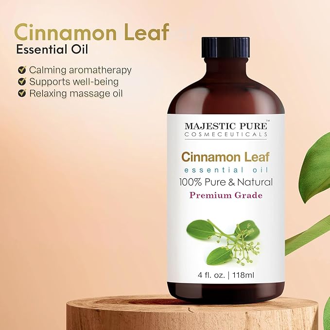 Majestic Pure Cinnamon Essential Oil | 100% Pure and Natural Cinnamon Oil | Premium Grade Essential Oils for Hair Care, Home Diffusers, Skin, Aromatherapy, Massage and Humidifiers | 4 Fl Oz