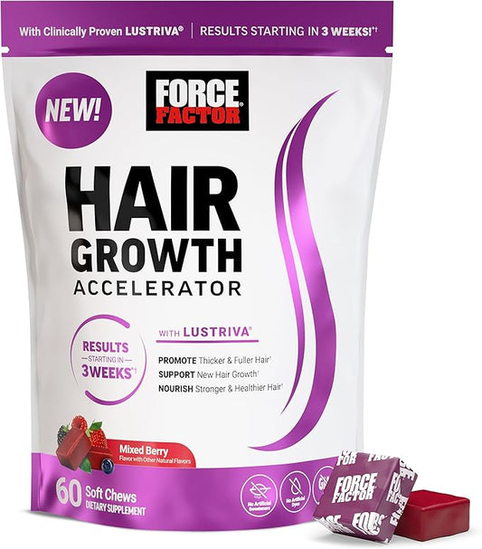 FORCE FACTOR Hair Growth Accelerator Soft Chews, Lustriva & Biotin to Promote Thicker, Stronger, Fuller Hair, Hair Growth Vitamins for Women, Clinically Studied, Mixed Berry, 60 Soft Chews