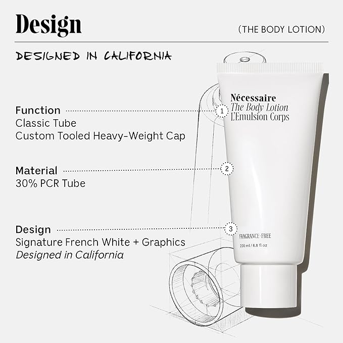 Nécessaire The Body Lotion Fragrance-Free. Firming Body Lotion for Women & Men. 48 Hour Moisture. 5 Peptides, 2.5% Niacinamide, Vitamin C/E + Omega 6/9. Non-Comedogenic. 6.8 fl oz.