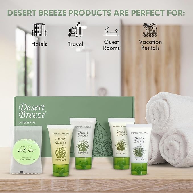Desert Breeze Amenity Kit | Boxed Hotel Toiletries Bulk Set | 1 oz Shampoo, Conditioner, Lotion, Body Wash & Body Bar Soap | 15 Sets per Case