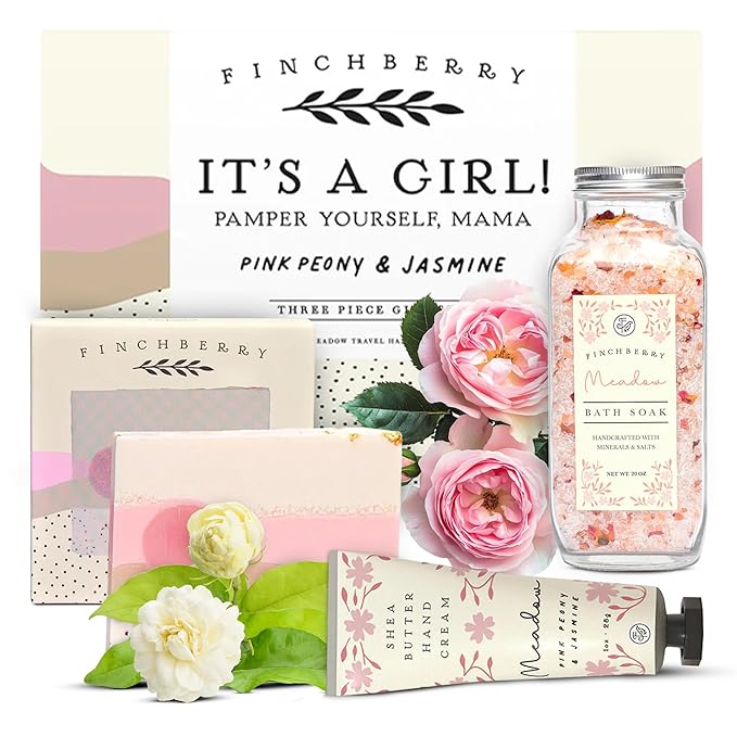 FinchBerry 3-Piece Gift Set - It’s A Girl! Baby Shower Gift, New Mom Care Package, First-Time Mom Gifts, Baby Girl Gift – Includes Handmade Shea Butter Soap(4.5oz), Bath Soak (20oz) & Hand Cream (1oz)