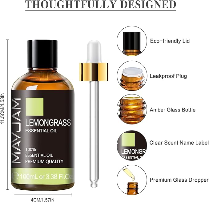 Lemongrass Essential Oil, 3.38fl.oz, MAYJAM Premium Essential Oils with Glass Dropper, Lemongrass Oil for Diffuser, Aromatherapy