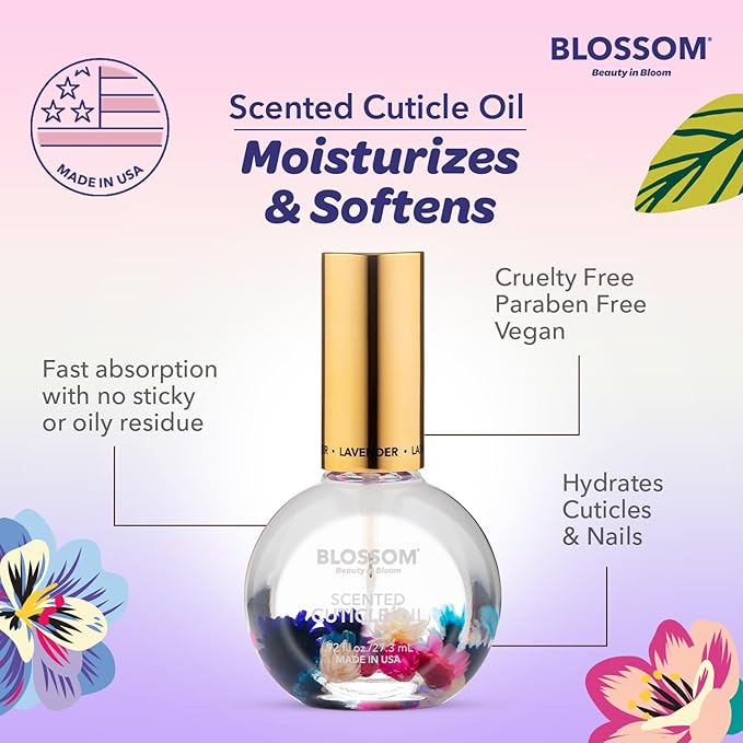 Blossom Cuticle Oil for Nails, Hydrating, Moisturizing, Scented Nail Oil Cuticle Care, Infused with Real Flowers, Made in USA, 0.92 fl. oz, Lavender