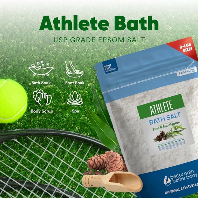 Athlete Bath Salt 128 Ounces Epsom Salt with Natural Lavender, Pine, Peppermint and Eucalyptus Essential Oils Plus Vitamin C in BPA Free Pouch with Easy Press-Lock Seal