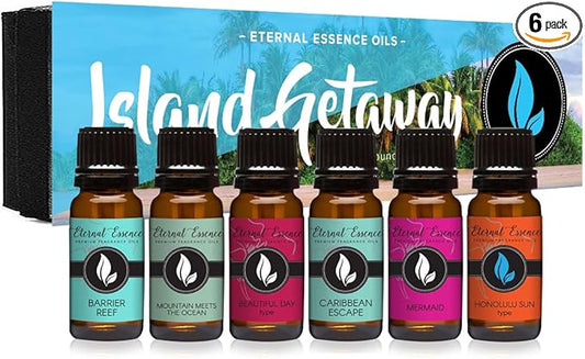 Eternal Essence Oils Island Getaway Set of 6 Premium Fragrance Oils - Includes Barrier Reef, Mountain Meets The Ocean, Beautiful Day, Caribbean Escape, Mermaid, and Honolulu Sun Hype - 10ML