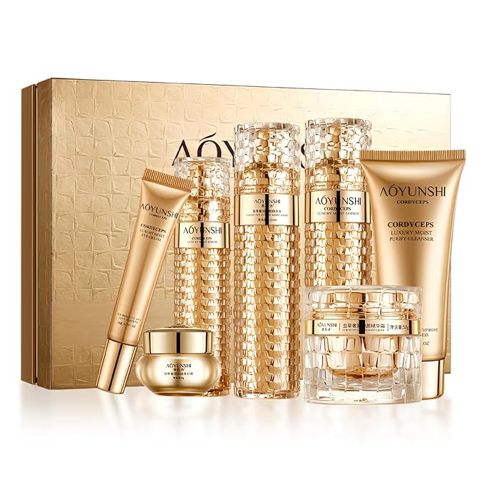 Luxurious Hydrating Skincare Gift Set with Cordyceps Extract - Includes Face Cleanser, Balm, Eye Cream, and 4-Piece Essence Set (Water, Serum, Emulsion, Cream)
