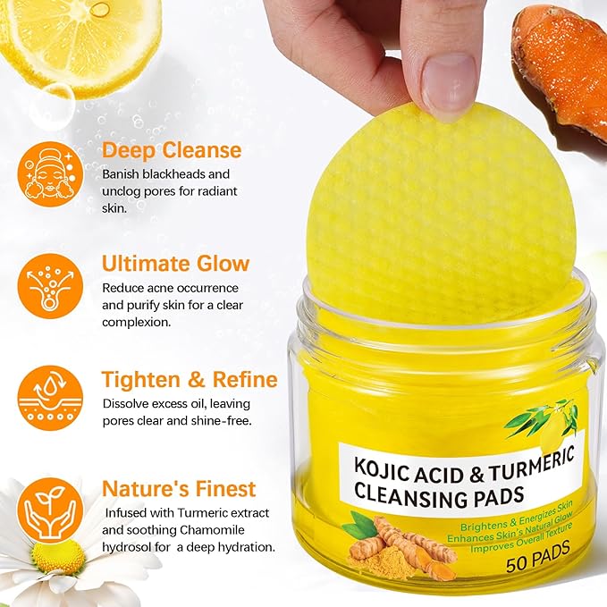 SHIFAKOU Kojic Acid Turmeric Cleansing Pads, Turmeric Cleansing Exfoliating Pads for Dark Spots, Turmeric Cleansing Pads For Face, Balance Skin Oil And Water 50PCS