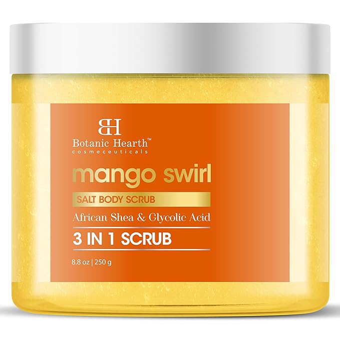 Botanic Hearth Mango Swirl Body Scrub - 8.8 fl oz - Exfoliating & Moisturizing Scrub for Smooth, Radiant Skin - Infused with African Shea & Glycolic Acid | 3 in 1 Scrub