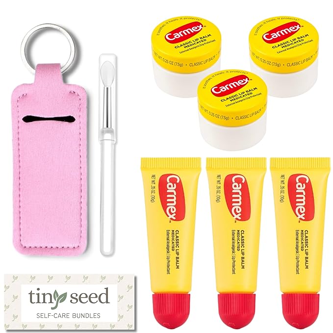 Set of 6 Medicated Lip Balms. Carmex Lip Balm Moisturizer: 3 Jars and 3 Tubes. Trusted Relief for Dry, Chapped Lips. Bundled with Silicone Lip Brush and Lip Balm Holder Keychain (Pink)