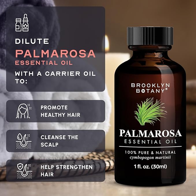 Brooklyn Botany Palmarosa Essential Oil – 100% Pure and Natural – Premium Grade Oil with Dropper - for Aromatherapy and Diffuser - 1 Fl Oz