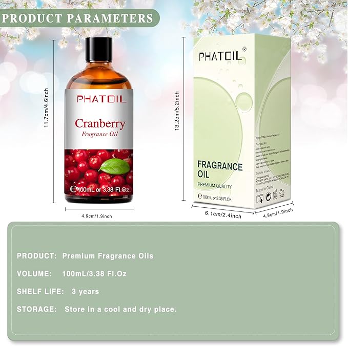 3.38FL.OZ Cranberry Fragrance Oils for Aromatherapy, Essential Oils for Diffusers for Home, Perfect for Diffuser, Yoga, Skin Care, DIY Candle and Soap Making - 100ml