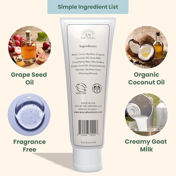 Goat Milk Lotion, Unscented - Home & Away Set, Natural, Body/Hand - Goat Milk Hand Cream for Women and Men - Creamy, Dry Skin Relief - Unscented Lotion - 8oz & 2oz Travel Size Tube