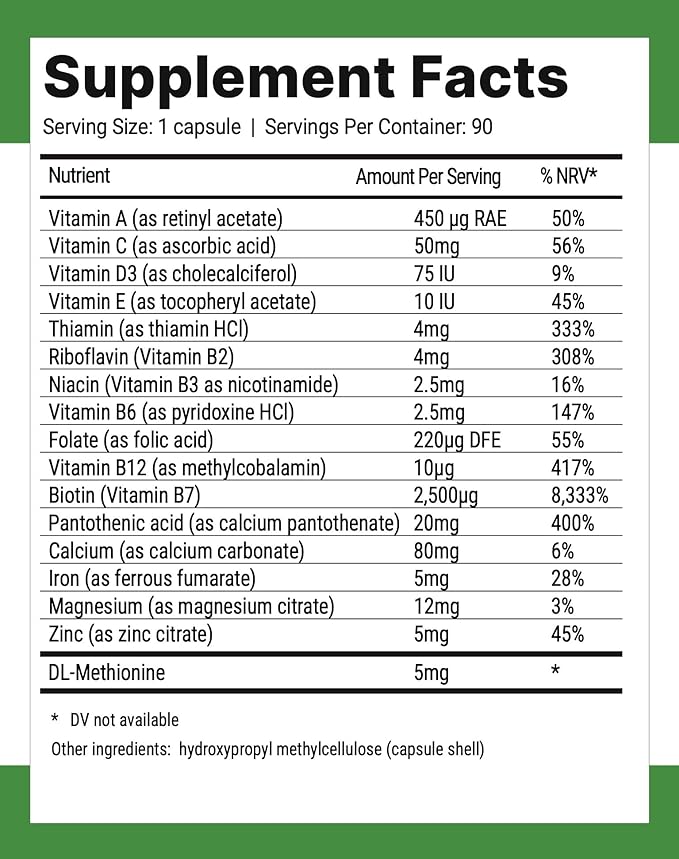 Nutri-Align Hair Defence Biotin Complex for Keto and Fasting | 90 Capsules | High Strength Hair Growth Biotin - 2500mcg Biotin per Capsule | Vitamin A, Folic Acid & Calcium