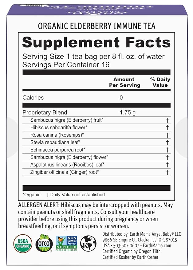 Earth Mama Organic Elderberry Immune Support Tea with Echinacea | Safe for Pregnancy, Breastfeeding, Postpartum, Kids and Family Essentials, Decaf Tea with Ginger & Rooibos, 16-Count