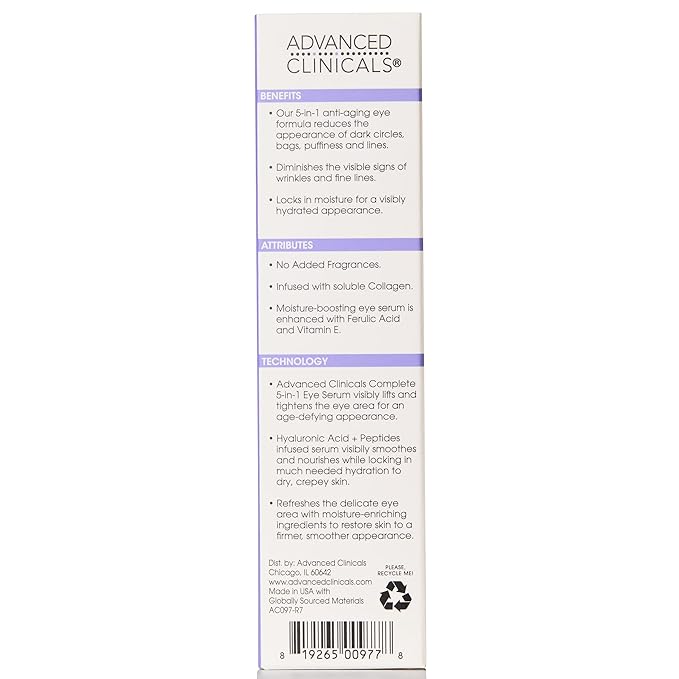 Advanced Clinicals 5-in-1 Eye Serum | Multi-Benefit Visible Anti Aging Under Eye Serum Face Moisturizer Reduces Appearance Of Dark Circles, Puffy Eyes, Crows Feet, Wrinkles, & Fine Lines, 2 Fl Oz