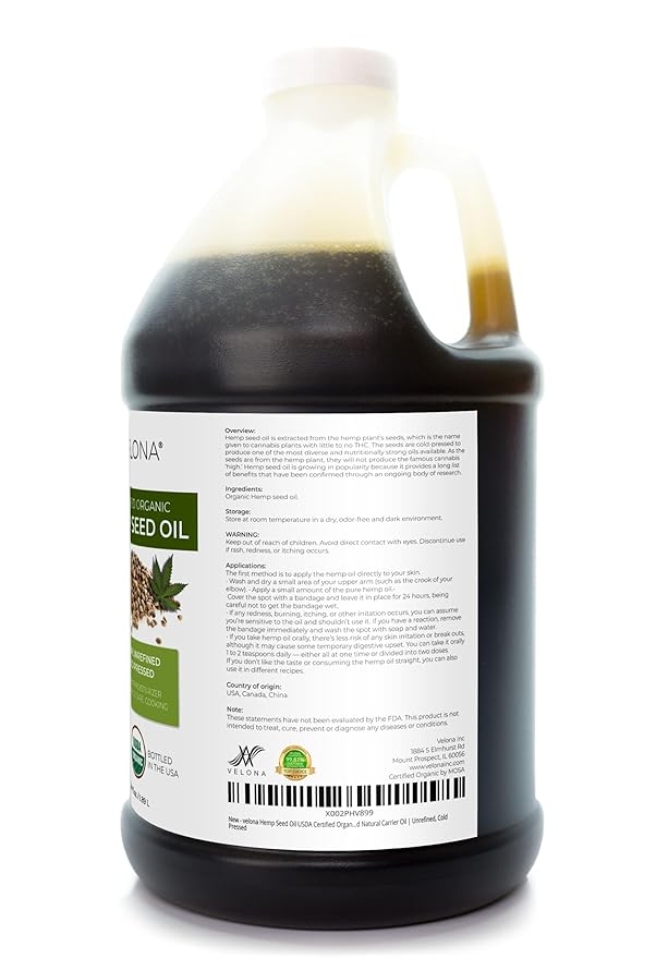 velona Hemp Seed Oil USDA Certified Organic - 64 Fl Oz | 100% Pure and Natural Carrier Oil | Unrefined, Cold Pressed | Hair, Body, Face & Skin Care
