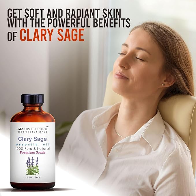 MAJESTIC PURE Clary Sage Essential Oil, Premium Grade, Pure and Natural, for Aromatherapy, Massage, Topical & Household Uses, 1 fl oz