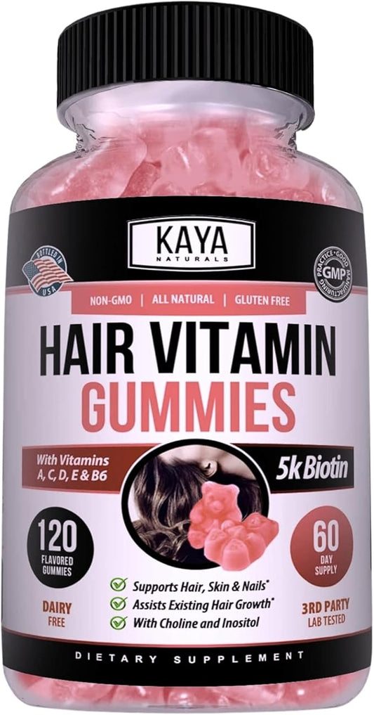 Kaya Naturals Hair Growth Gummies - Biotin 5000mcg Vitamins for Healthy Hair, Skin, and Nails - Beauty Supplement for Women or Men - 120 Count - Blueberry Flavor