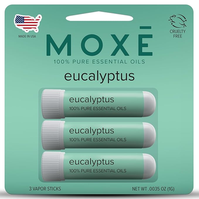 MOXĒ Eucalyptus Essential Oil Nasal Inhaler, Sinus & Congestion Relief, Daily Relaxation, Stress Relief, Therapeutic No-Mess Aromatherapy, Pure and Natural, Made in USA (3 Pack)