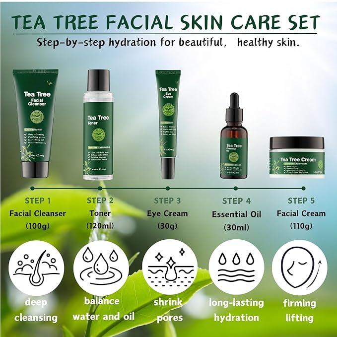 Tea Tree Skincare Set Mother's Day Gifts - 5 Pcs Skin Care Set - Skincare for Girls 10-12 - Skin Care for Teens 10-12 - Gift Set for Women with Cleanser,Toner,Face Cream,Eye Cream,Essential Oil