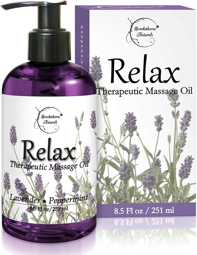 Relax Therapeutic Body Massage Oil - with Best Essential Oils for Sore Muscles & Stiffness – Lavender, Peppermint & Marjoram - All Natural - with Sweet Almond, Grapeseed & Jojoba Oil 8oz