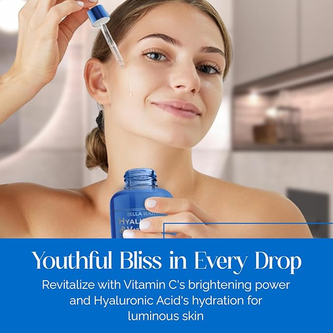 Bella Beauty Hyaluronic Acid & Vitamin C Moisturizing Facial Serum - Hydrating, Reduces Wrinkles & Fine Lines, Boosts Collagen - Dermatologist Tested, Korean Skin Care for All Skin Types - 1.69 Fl. Oz