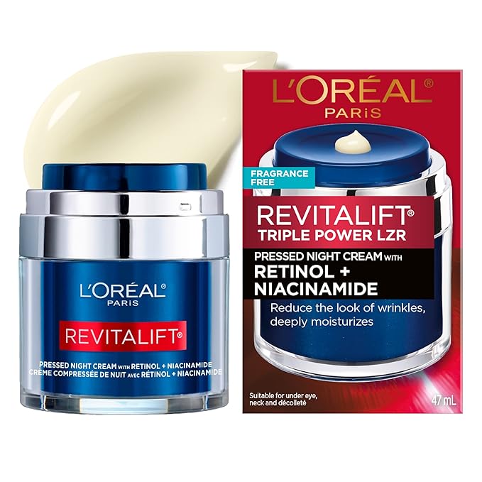 L'Oreal Paris Revitalift Pressed Night Cream with Retinol, Niacinamide, Visibly Reduce Wrinkles, Hydrate for Face, Under Eye, Neck, Chest, Dermatologist tested