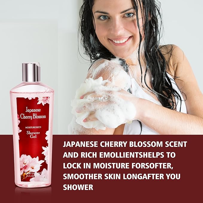 Japanese Cherry Blossom Shower Gel and Body Cream Set - Nourishing and Moisturizing Daily Skincare - 8 fl.oz / 236mL Each, Birthday Mother's Valentine's Day Gifts for Her and Him