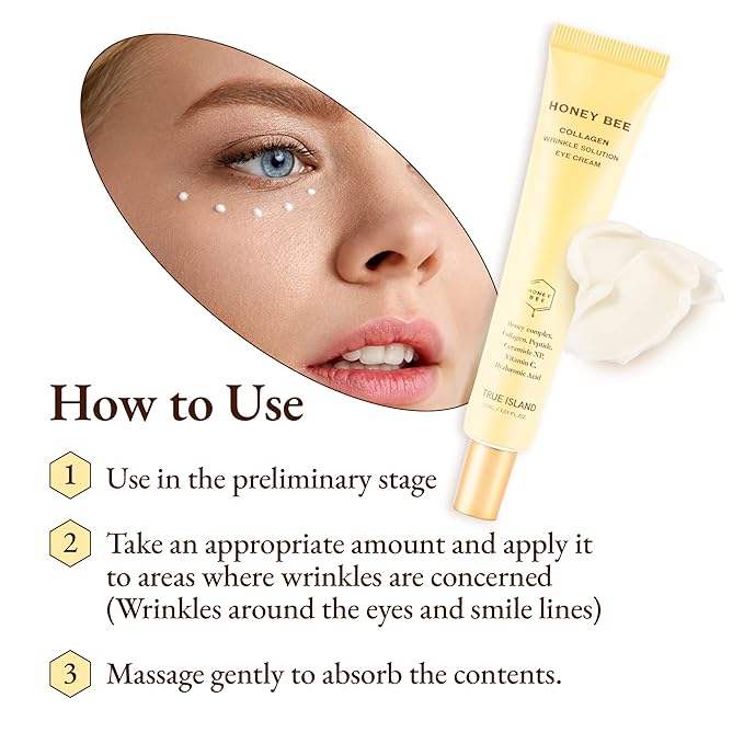 Honey Bee Collagen Fine Line Firming Eye Cream for Puffiness and Bags Under Eyes w/Vitamin C, 4 Peptides & Niacinamide | Bright and Tight Under Eye Cream for Dark Circles 1.01 fl oz