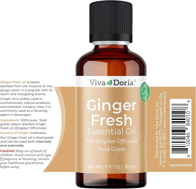 Viva Doria Ginger Essential Oil, 100% Pure Natural, Fresh Ginger Essential Oil, Undiluted, for Aromatherapy | Food Grade, 30 mL (1 Fluid Ounce)