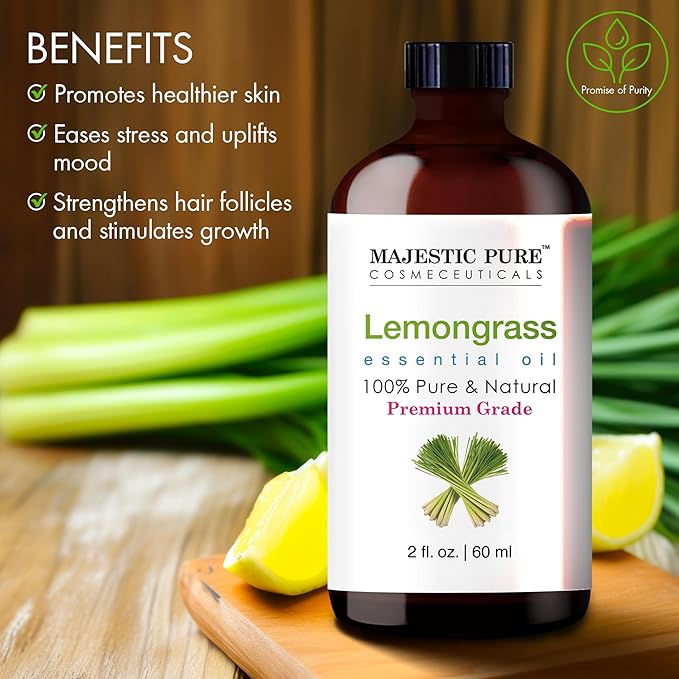 MAJESTIC PURE Lemongrass Essential Oil with Glass Dropper | 100% Pure and Natural Lemongrass Oil | Premium Grade Essential Oils for Diffusers, Skin, Aromatherapy, Massage | 2 Fl Oz