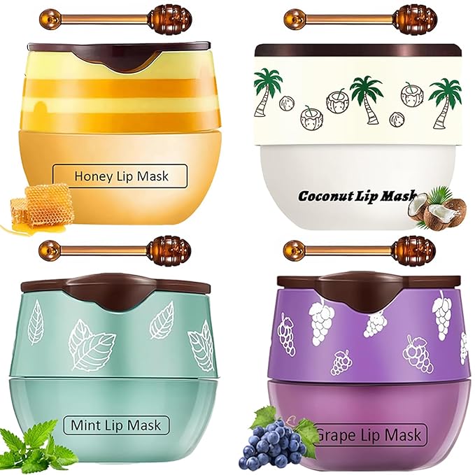 4 PCS Bee Lip Balm Lip Mask Honey Pot, Coconut Honey Mint Grape Moisturizing Sleeping Lip Mask Overnight with Sticks, Lip Balm Exfoliating Prevention Dry and Crack Lip Scrubs