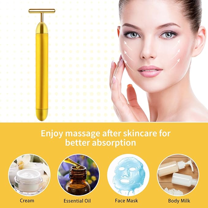Aubric Face Massager Electric Beauty Bar 24k Golden Facial Massage Tool, T-Shape Electric Vibrating Wand Face Neck Skin Firming Lifting Tighting Wrinkles Reducing Body Treatment Anti Aging Device