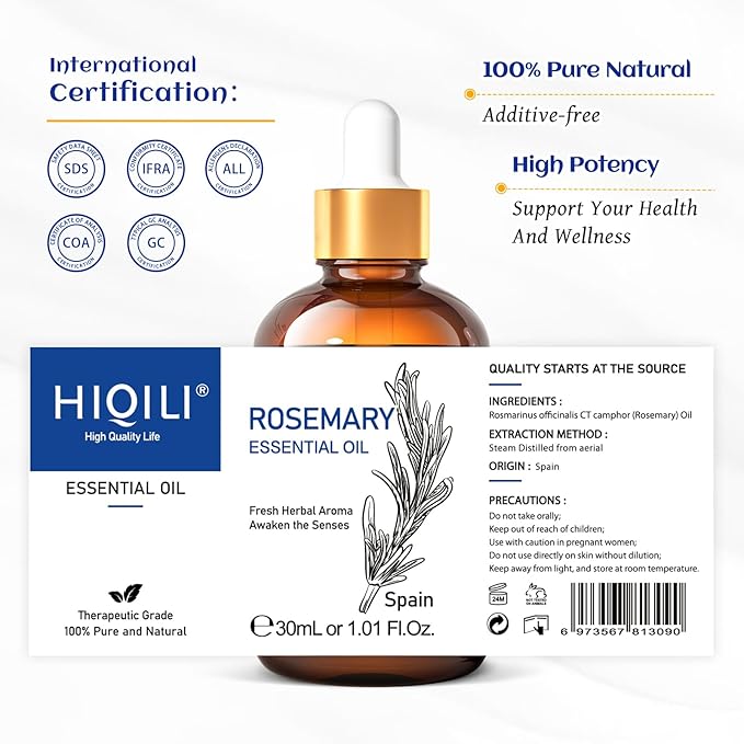 HIQILI Rosemary Essential Oil, for Hair Growth, Scalp, Add to Shampoo & Conditioner, 100% Pure & Natural - 1 FI Oz