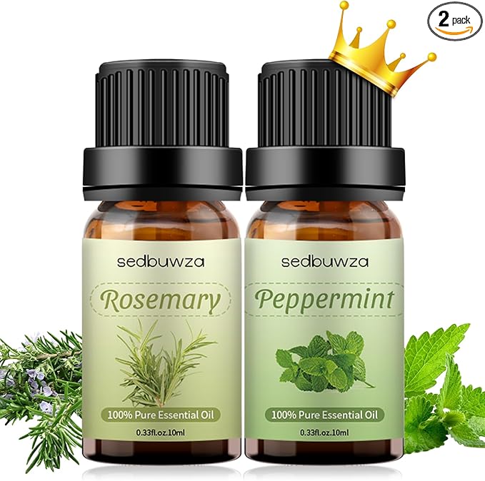 Sedbuwza Rosemary Peppermint Essential Oil Set, Rosemary Fragrance Oil Peppermint Scent Oil Set for Diffuser, Aromatherapy, Massage, Soap, Candle Making 2 x 10 ml