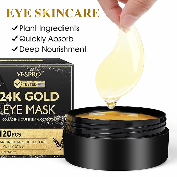VESPRO 120 PCS 24K Gold Under Eye Patches for Dark Circles and Puffy Eyes, Eye Mask With Collagen and Hyaluronic Acid for Dark Circles, Puffiness and Wrinkles, Eye Skin Care for Women