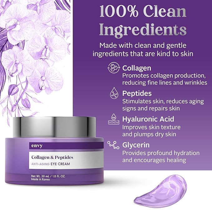 Envy Collagen & Peptides Eye Cream - Reduces Dark Circles, Puffiness & Wrinkles, Moisturizing, Anti-Aging, Rejuvenates, Dermatologist Tested, Cruelty-Free Korean Skin Care for All Skin Types - 1.01 Oz