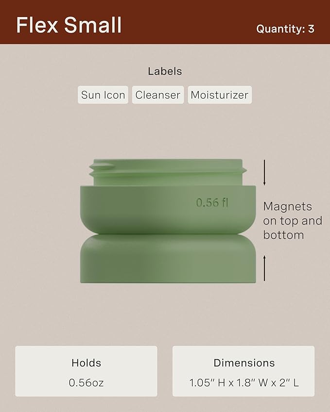 Cadence Travel Containers - Basic Skincare Set - Magnetic Travel Capsules - For Facial Cleanser, Moisturizer, Sunscreen - 3 Small Capsules (0.56oz) with Cleanser, Moisturizer & Sun-Icon Labels - Petal